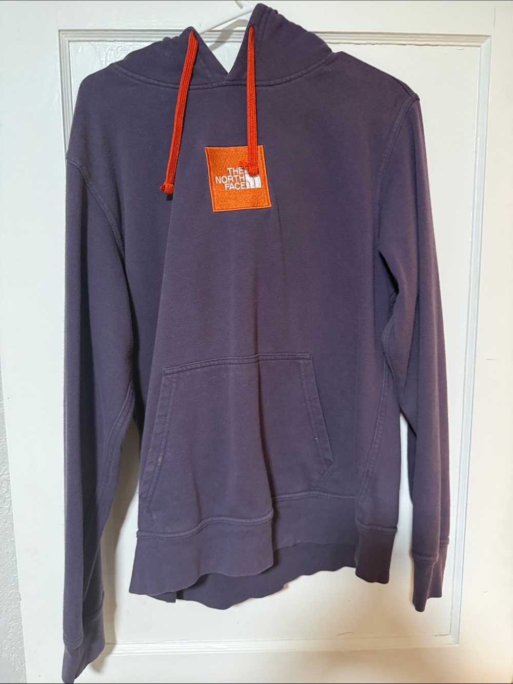 The North Face Men's Crewneck Hoodie in Purple with Orange Logo & Drawcords